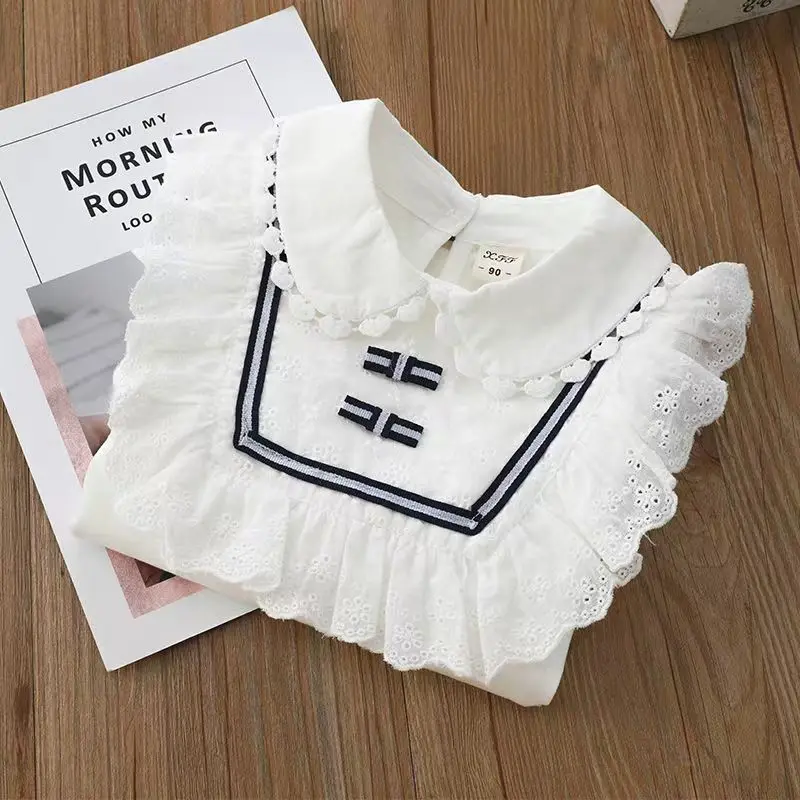 Girls White T-shirt top Autumn Children\'s Lapel Shirt Middle And Big Girls Standing Collar Lace Long-sleeved Bottom Shirt