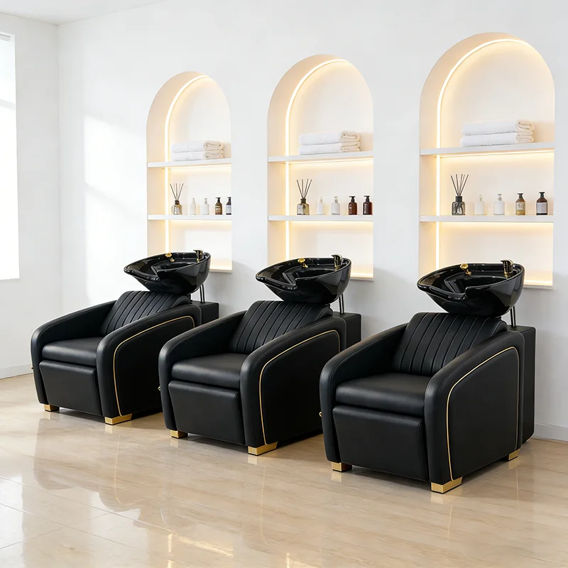 Hot Sale Barbershop Furniture Washing Chair Head Spa Luxury Reclining Shampoo Bowl And Chair With Black Ceramic Basin