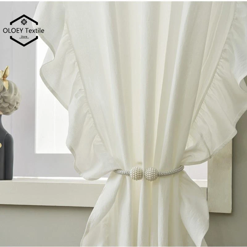 

White French Rococo Ruffled Vintage Curtains Luxury Light Filtering Simple Sill Window Drapes Bedroom American Classic Style