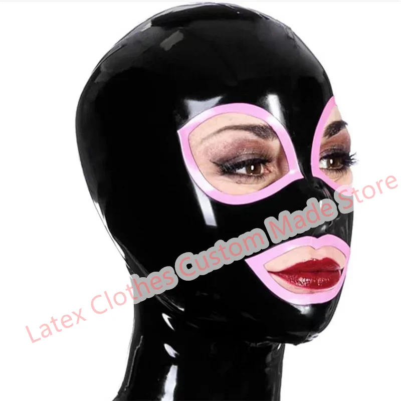 

Latex Hood Rubber Masks Black with Pink Trim Open Eye Mouth Rear Zip Customized 0.4mm Halloween Cosplay Costumes