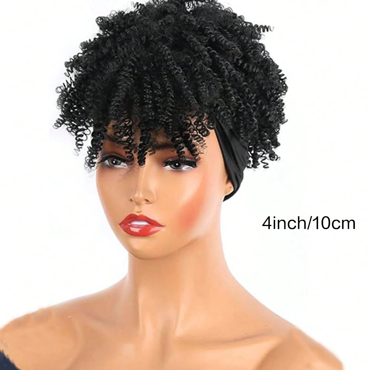 عقال الباروكات الاصطناعية قصيرة الأفرو غريب مجعد الباروكات شعر مستعار بني داكن مع الانفجارات التفاف الباروكات 2 في 1 شعر مستعار عمامة #4