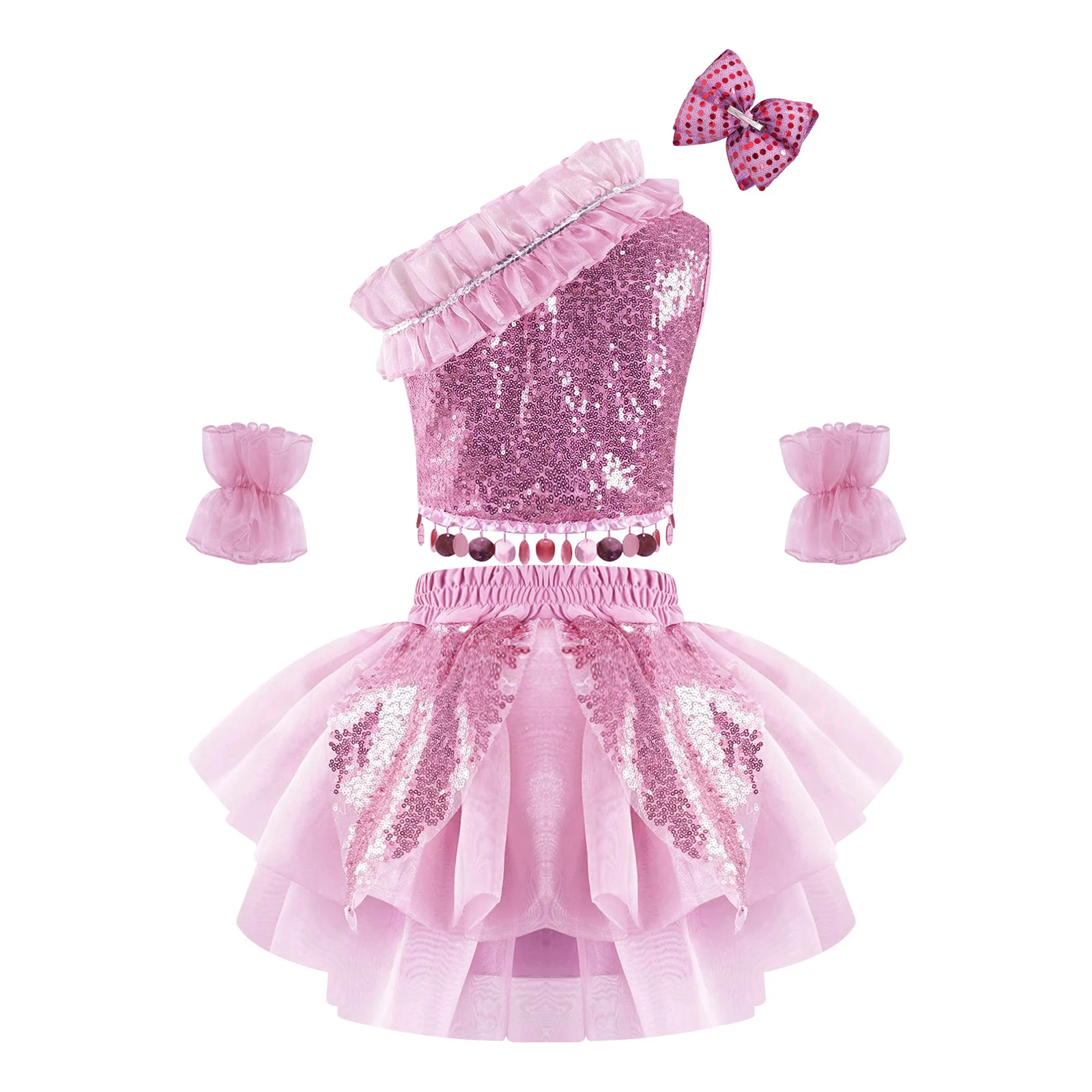 Costume da ballo per bambini con paillettes Jazz Costume da ballo balletto abito da ballo valzer latino Set spalla obliqua Top con gonna e fermaglio per capelli