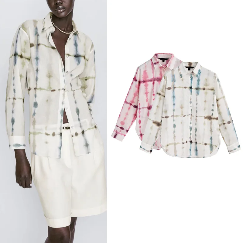 

MD Women's Long Sleeve Shirt 2024 New Style Collar Dyed Print Pure Casual Commute Polyester Fiber 100% Comfortable