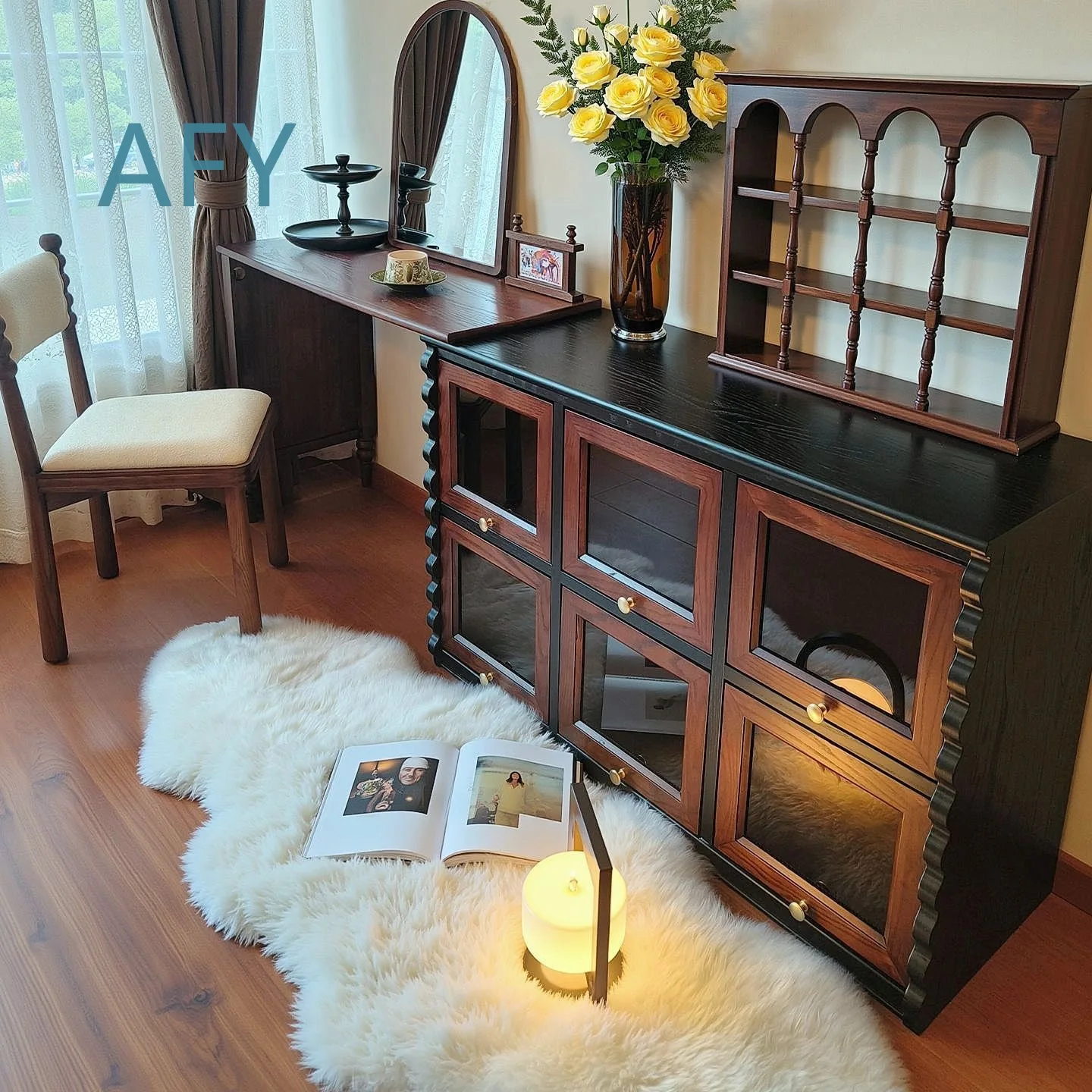 French Vintage Style Dresser for Bedroom Bed End Makeup Table Chocolate Cabinet White Ash Solid Wood Vanity Storage Cabinet