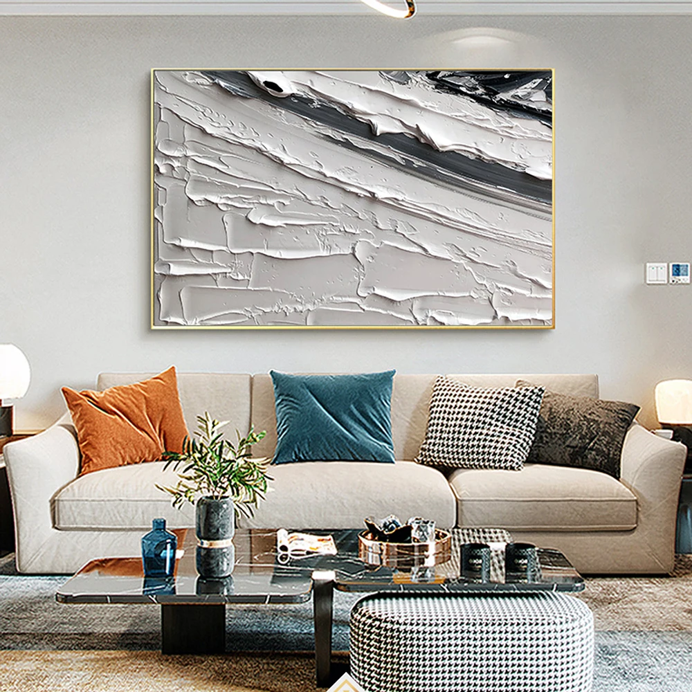 

Handmade Oil Painting Large White Black Textured Painting Palette Knife Abstract Painting Wall Art for Living Room Decorative