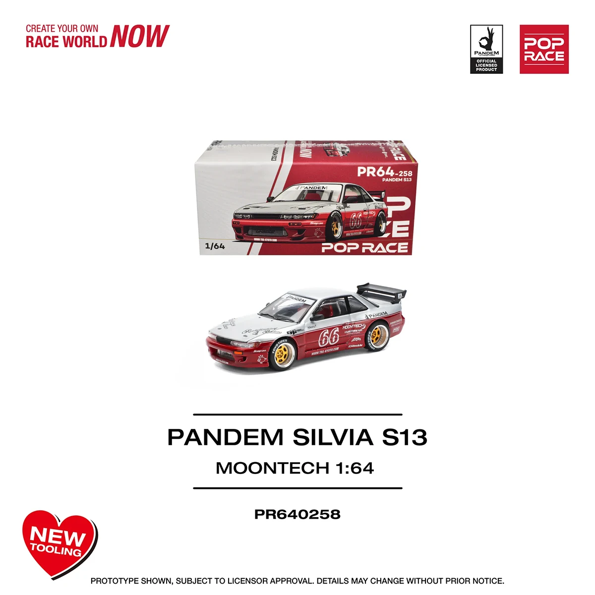 POPRACE 1:64 Nissan Silvia S13 Pandem Moontech #66 Racing Livery Open Hood Diecast Model Car PR640258 In Stock Ready To Ship