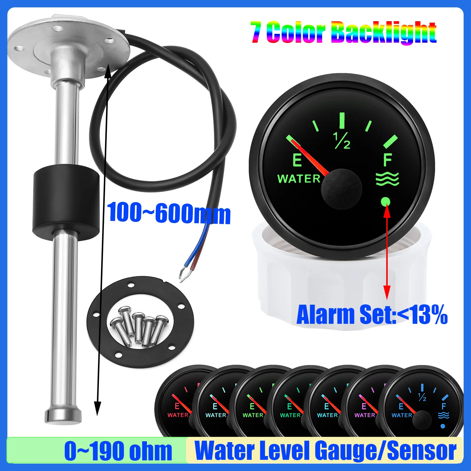 Indicador de nivel de agua impermeable IP67, luz de 7 colores, 52mm, alarma intermitente + Sensor de nivel de agua 0-190 OHM para coche, yate, barco, 12V, 24V