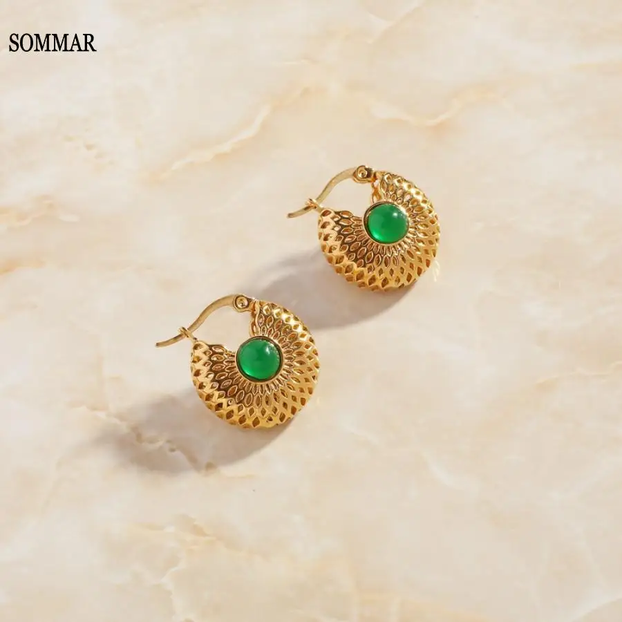 

SOMMAR Hot 2024 Gold Plated Girlfriend clip on earrings Green glass light luxury hollow earrings women earing charms