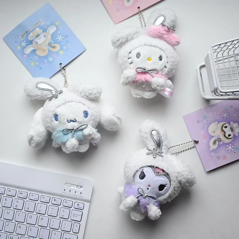 Official Sanrio Characters Bunny Costume Squishy Plush Keychain Hello Kitty My Melody Kuromi Cinnamoroll Cute Bag Charm Pendant