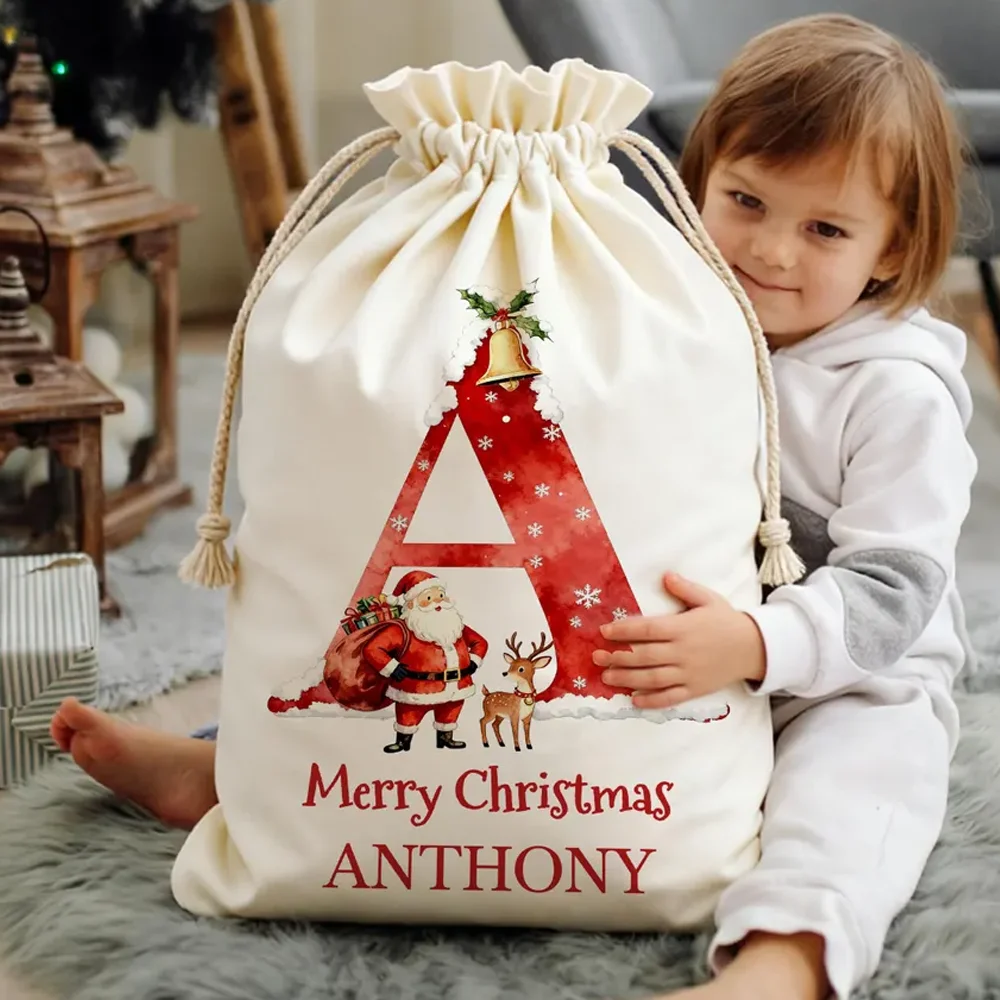 Personalized Christmas Initial Drawstring Bag Christmas Party Favor Bags Santa Bags with Name Gift Bags for Xmas decoration