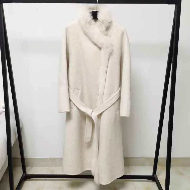 2026 Streetwear Double-sided Wool Coat Women's X-long Woolen Overcoat Autumn Winter Fur-edge Sashes Loose Casual Cashmere Coats