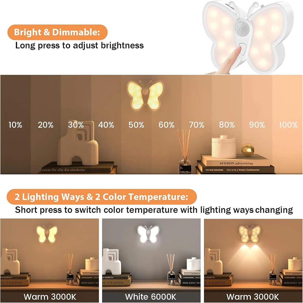 Bright Dimmable Butterfly LED Night Light Smart Motion Sensor Night Light Lamp Magnetic Rechargeable Nightlight for Bedroom