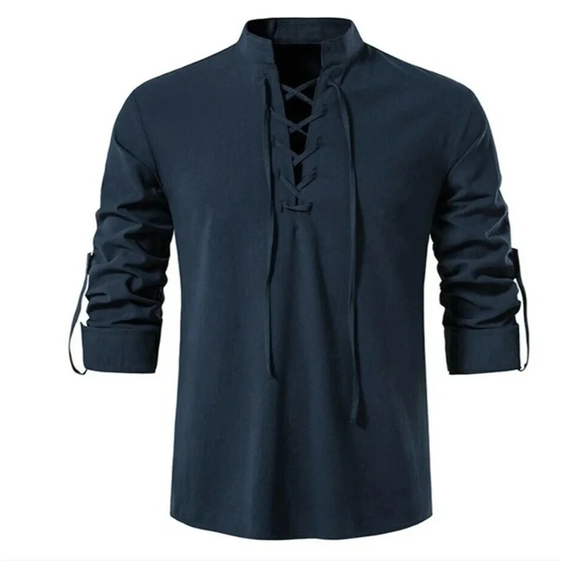 New Men\'s V-neck shirt T-shirt Fashion Vintage Thin Long Sleeve Top men Casual Breathable Viking Front Lace Up man Shirts