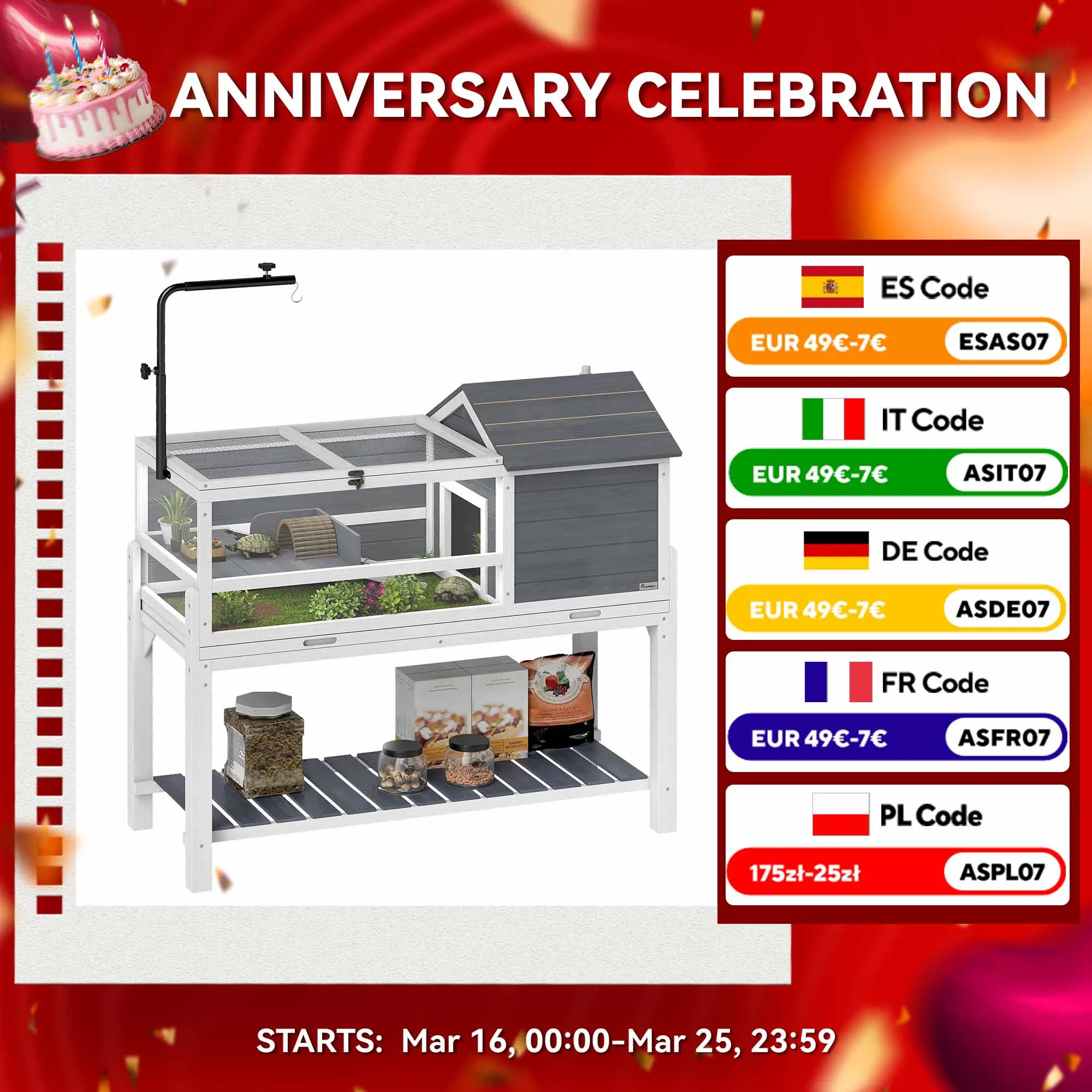 Maison en bois pour tortue Pawhut avec support de lampe réglable, plafonds pliables, plateau amovible et étagère inférieure