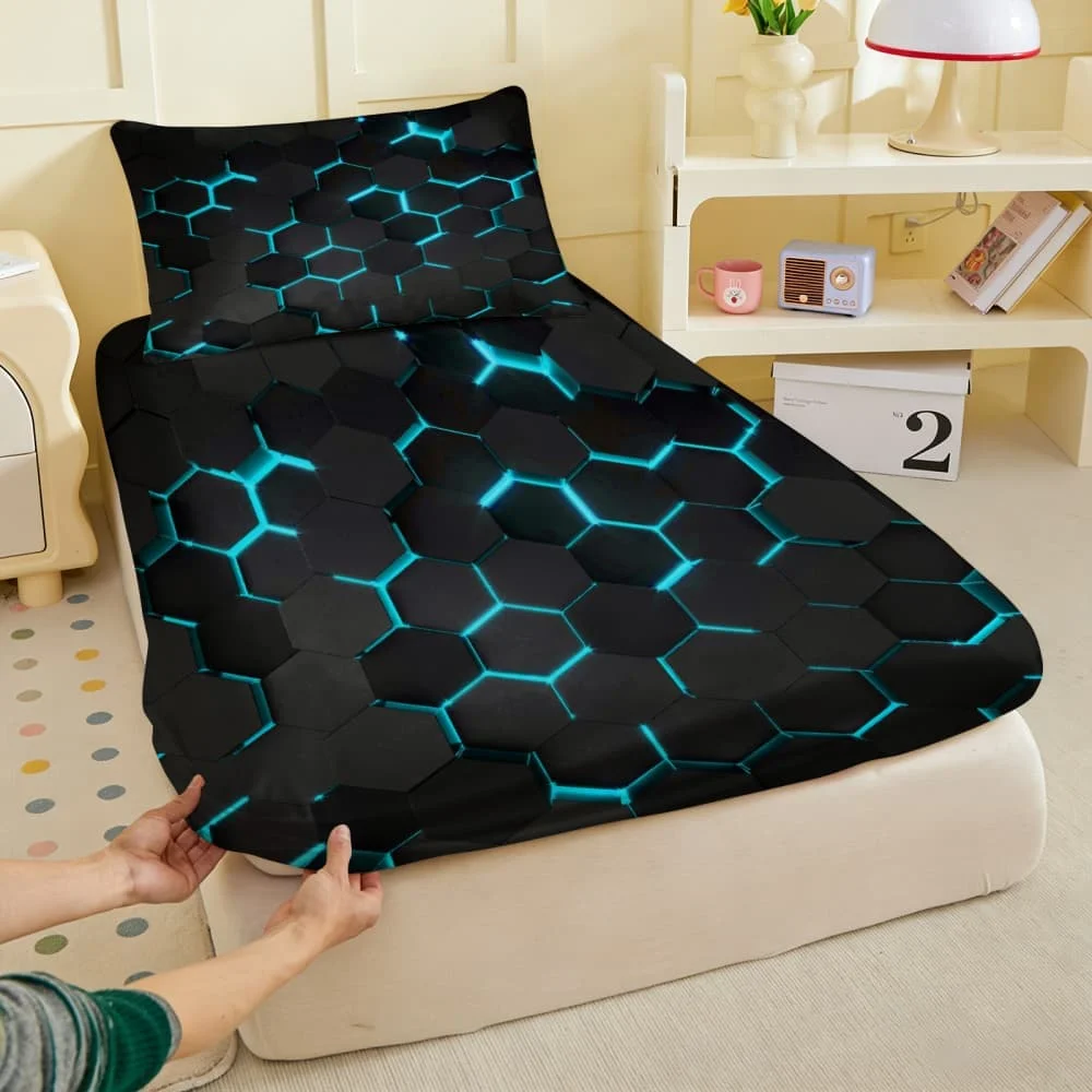 1pc Cyberpunk Geometric blue Blocks Fitted Sheet Deep Pocket Elastic Mattress Cover Single Double Queen King Bedroom Decor