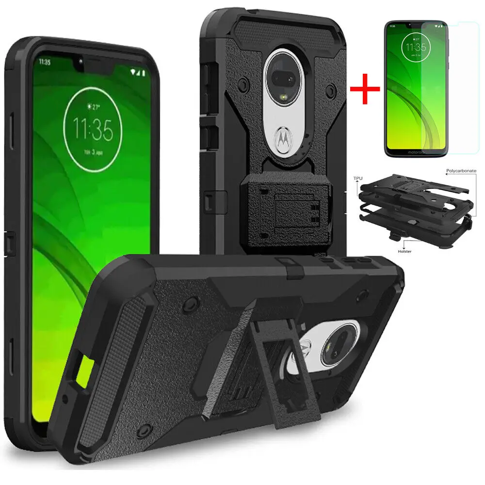 For Motorola Moto G7 Play / G7 Optimo / T-Mobile REVVLRY Armor Belt Clip Kickstand Heavy Duty Holster Case Cover+Tempered Glass