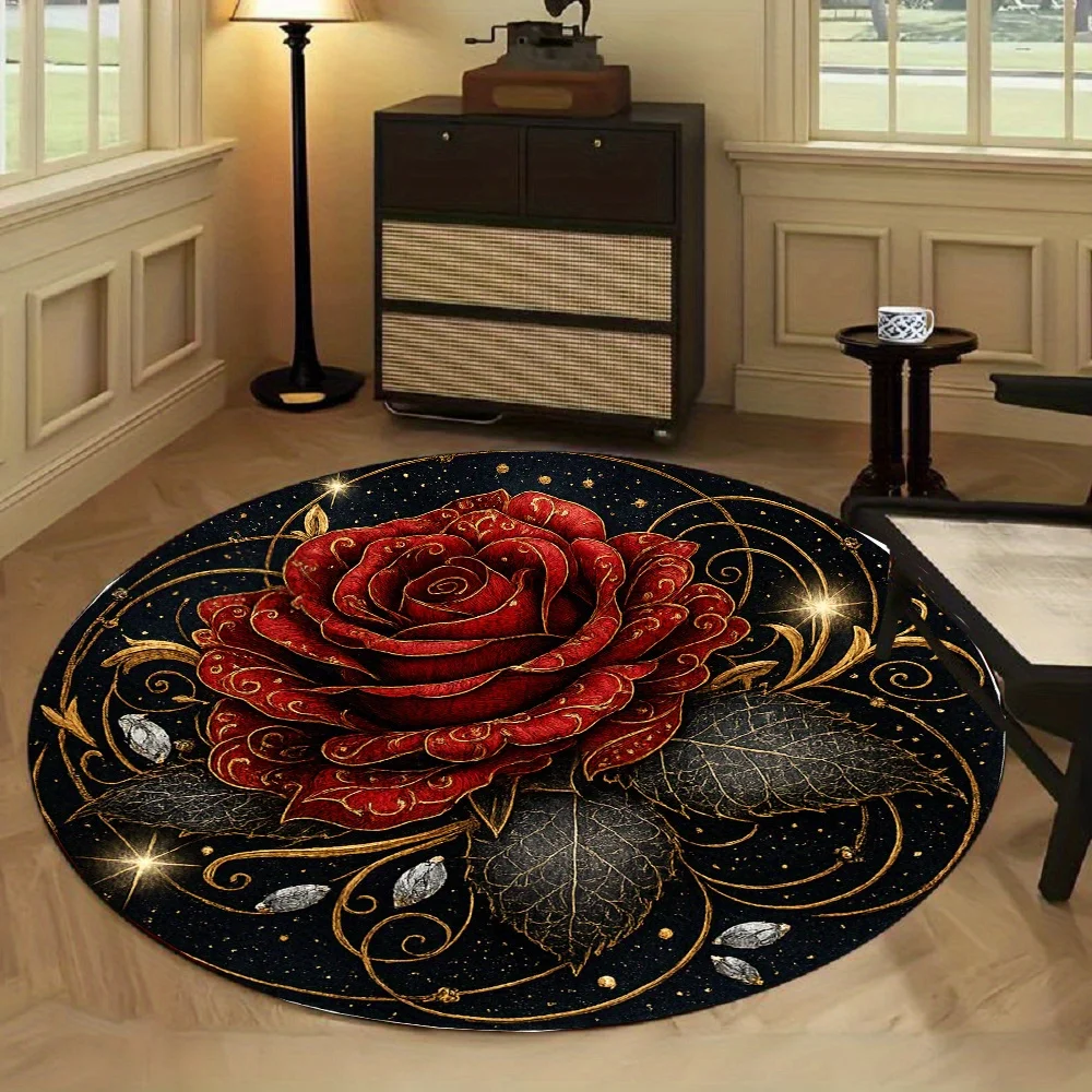 Luxury Red Rose Gold Round Rug, Black Starry Background with Diamond Patterns for Living Room Bedroom Elegant Decor