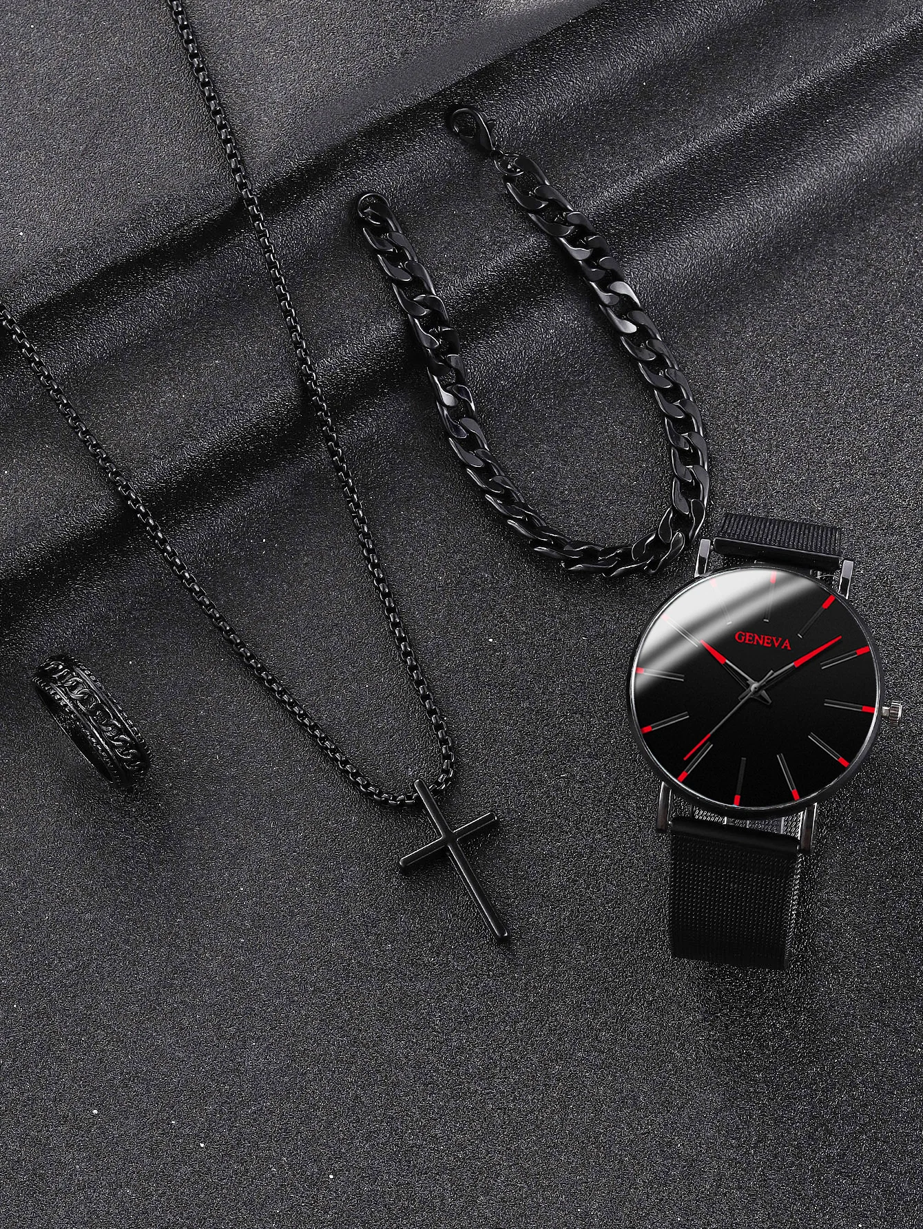 Classic fashion Alloy graduated men\'s mesh band quartz watch with Necklace Ring Bracelet Set Party Party Gift collection