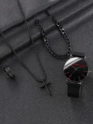 Classic fashion Alloy graduated men's mesh band quartz watch with Necklace Ring Bracelet Set Party Party Gift collection