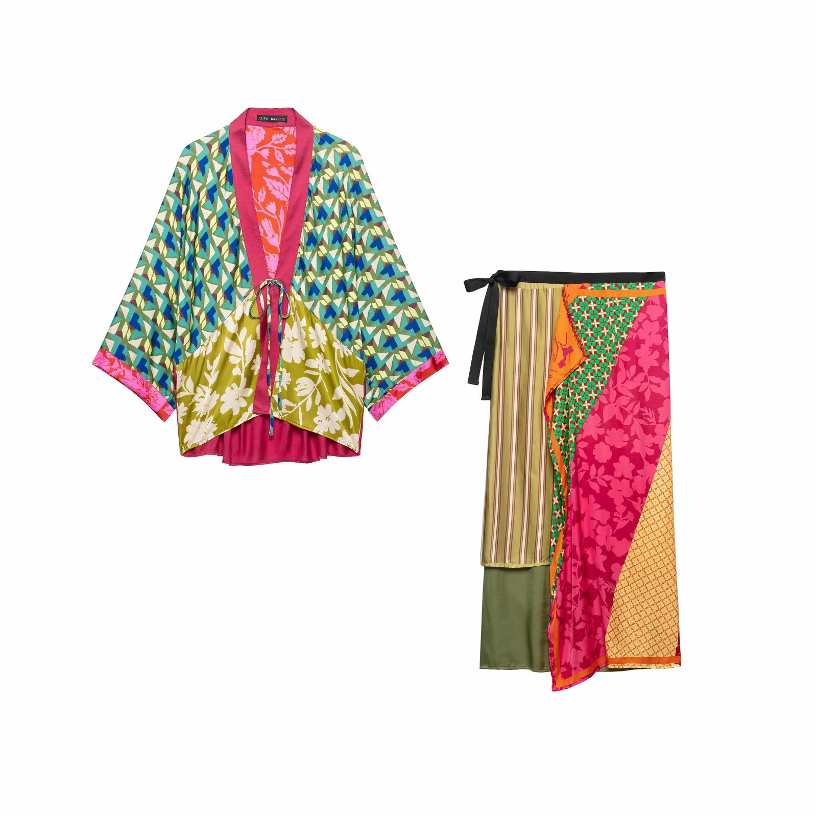 Sommerliches Damen-Set mit tiefem V-Ausschnitt, sieben Viertelärmeln, geblümtem und gestreiftem Print, Jacke und Wickelrock mit mittelhohem Bund. – Detail 2