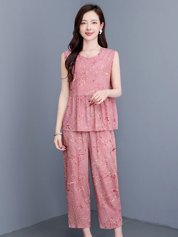 Summer Floral Cotton Silk Sleepwear Home Clothes Set Mom Style Sleeveless Top Elegant Two Piece Set Outerwear Comfortable Loo...