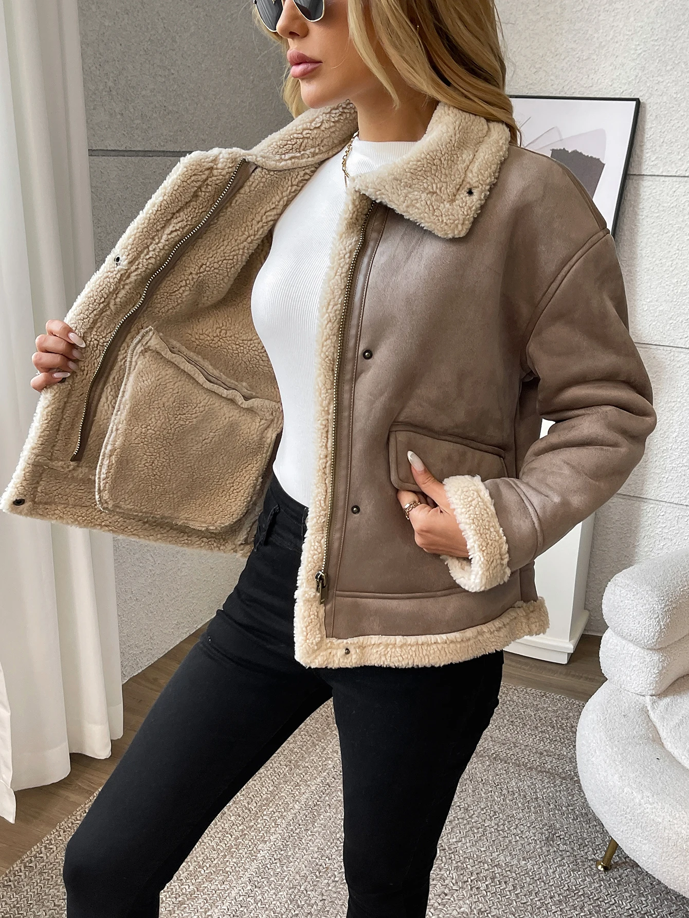 Fitaylor Autumn Winter Women Faux Suede Lamb Jacket Casual Lady Thick Warm Motorcycle Leather Outwear