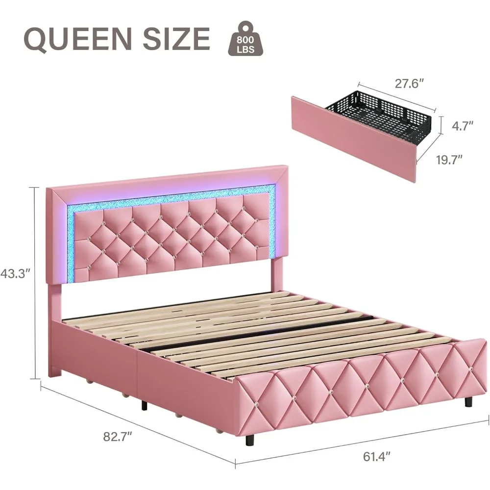 Queen Size Bed Frame with LED Lights, Upholstered Platform Beds with Storage Drawers, Princess Bed with Diamond Headboard