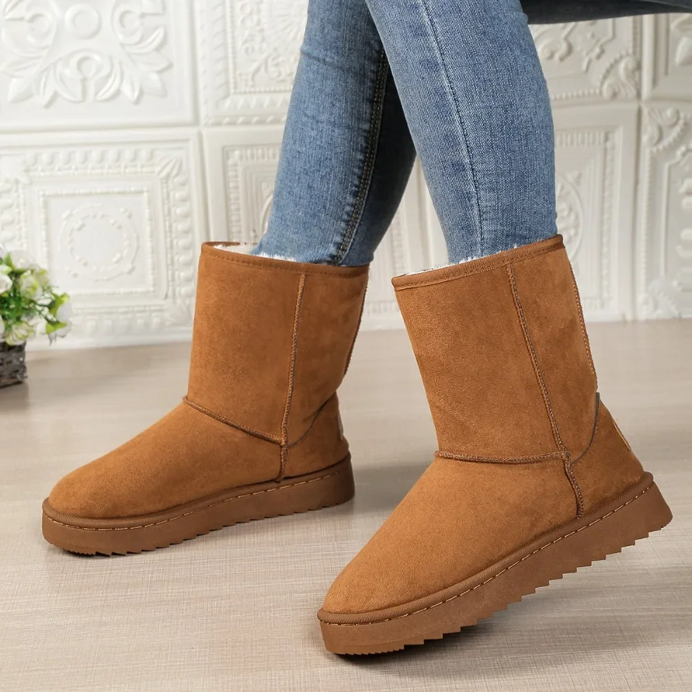 Wasserdichte, warme Plateaustiefel für Damen, mittelhohe Schneestiefel, große Größen, Winter-Slip-On-Flachstiefel, lässige Damenstiefeletten, neue Mode 2026 – Detail 5
