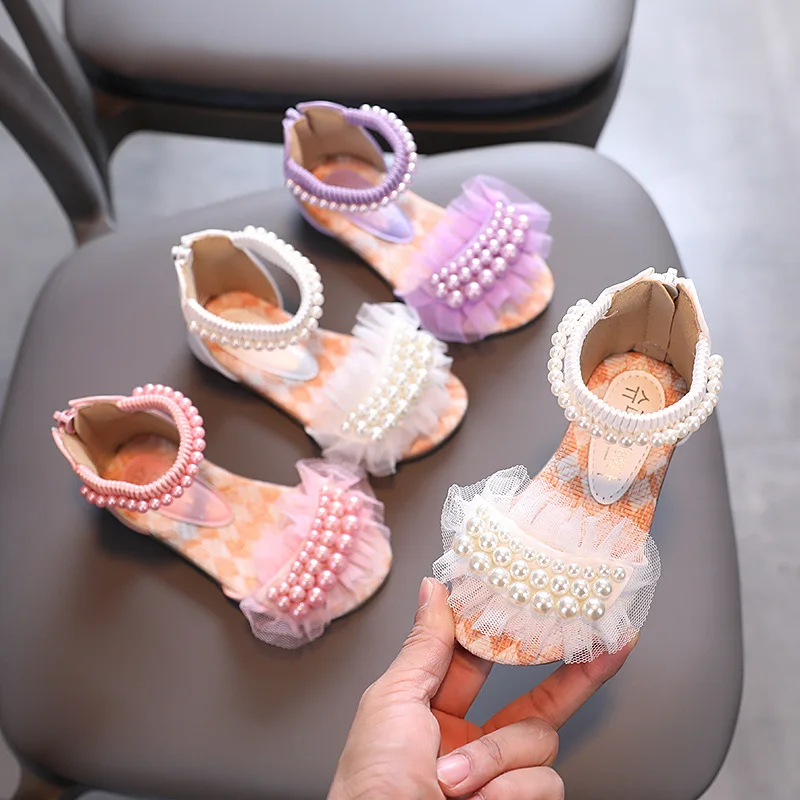 Summer Children's Fashion Sandals Girls Rhinestone Princess Shoes Kids Lace Pearl Flower Beach Sandals Size 21-36 G605