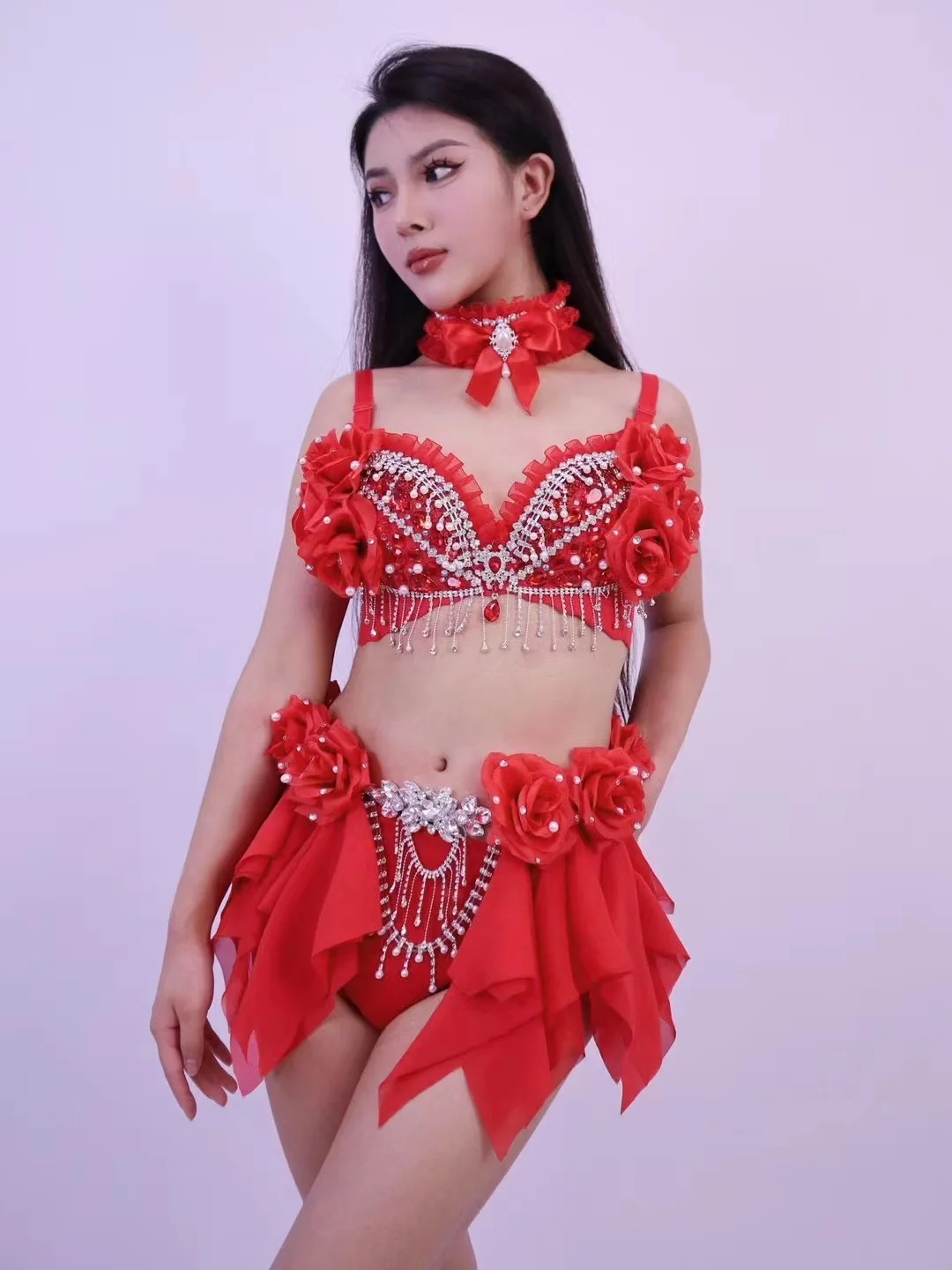 New Year Christmas Costume Red Bow Sexy Mesh Rose Flower Fringe Pearl Diamond Bikini Dress Singer Dnace Stage Nightclub Outfit