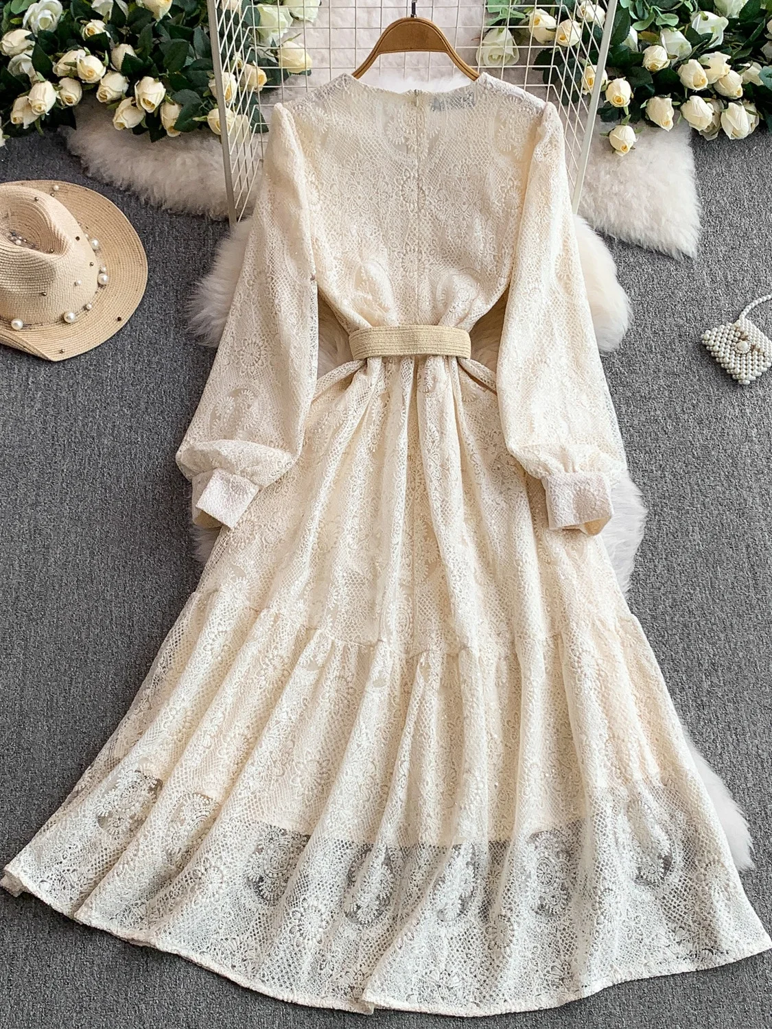 Ele V-ne Geborduurde Lange Dr Dames Lente Herfst Knop Tie Taille Afslankjurk Franse Sle Pailletten Hoge Taille