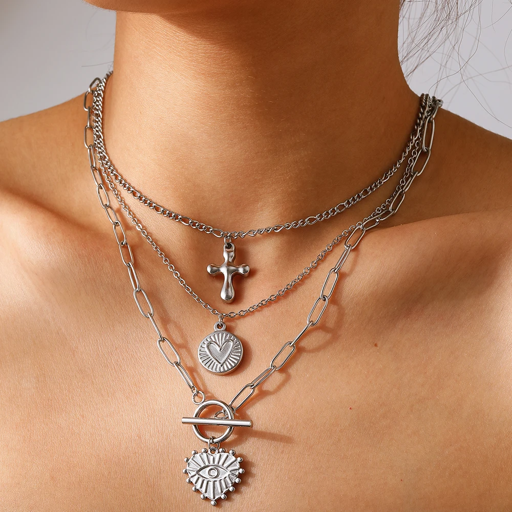 Stainless Steel Necklace Heart Devil's Eye Cross Multi-Element Fashion Collarbone Chain For Women Jewelry Party Daily Match