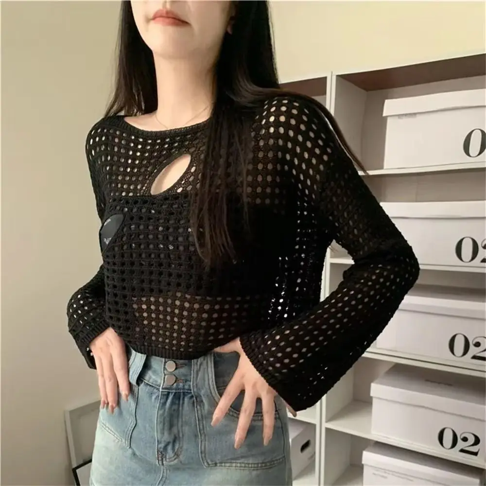 محبوك بالأزرار طويلة الأكمام جوفاء خارج سموك محبوك فضفاض الصلبة اقتصاص القمم البلوز Y2K الجوف خارج متماسكة القمم الفتيات
