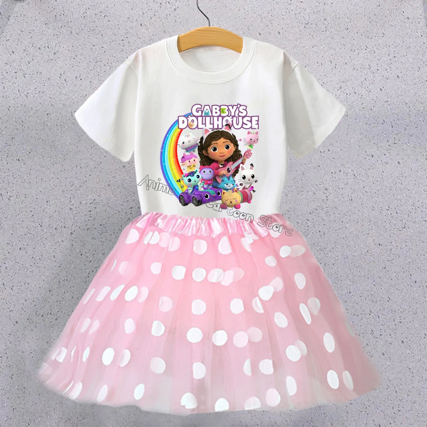 

Gabby Dollhouse T-shirt Skirt Set for Children Cute Cartoon Clothes Girl Tee Pink Skirts Suit Fashion Short Sleeve Clothing Gift