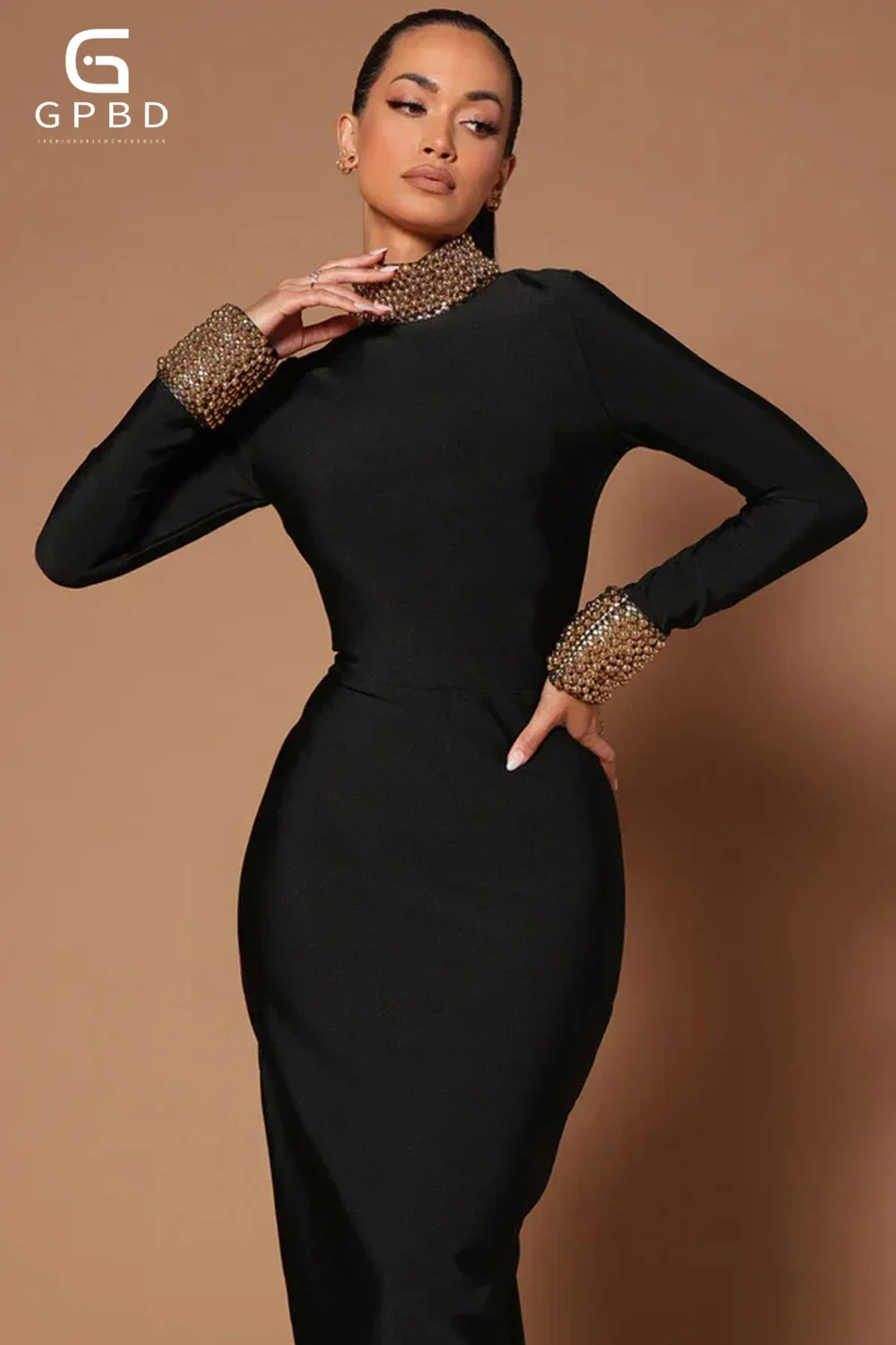 Women'S Black Rhinestone Decoration Long Sleeved Backless Tight Fitting Long Bandage Dress Elegant Celebrity Party Dress