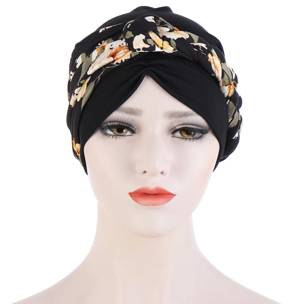 Women Muslim Flower Print Braid Bonnet Hat Hair Loss Head Wrap Hijab Cancer Cap Turban Headscarf Arab Cover