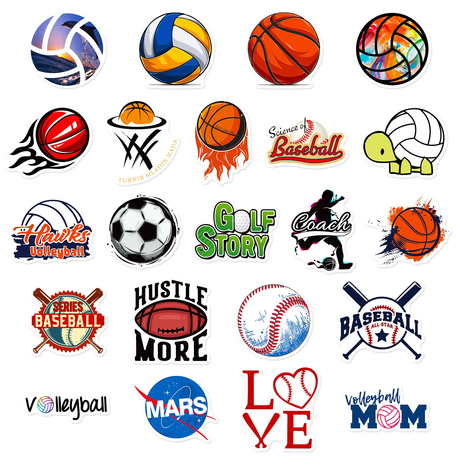 50pcs Sports Stickers, Soccer Football Volleyball Golf Basketball Stickers, Waterproof Stickers for Skateboard Water Bottle