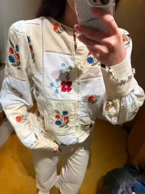 Chemisier brodé à fleurs pour femmes, ajouré, en coton épissé, col rond, manches longues, Chemise printemps 2026