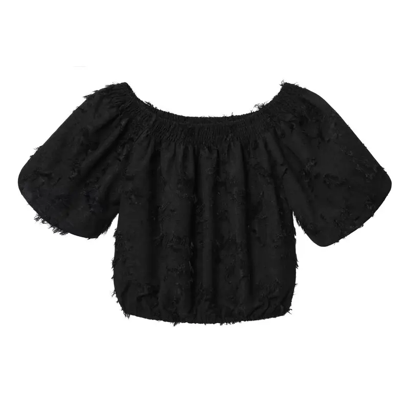 Loose Women's irt Spring 2025 New Elastic Collar Frayed Bubble Sve Top Faion European Sle ort Sve Casual Wear