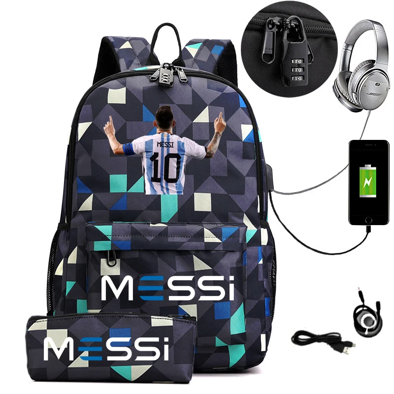 2pcs Messi School Bags Black Sports Students Boys Girls Schoolbag USB Backpack Children Teenager Laptop Waterproof School Bag