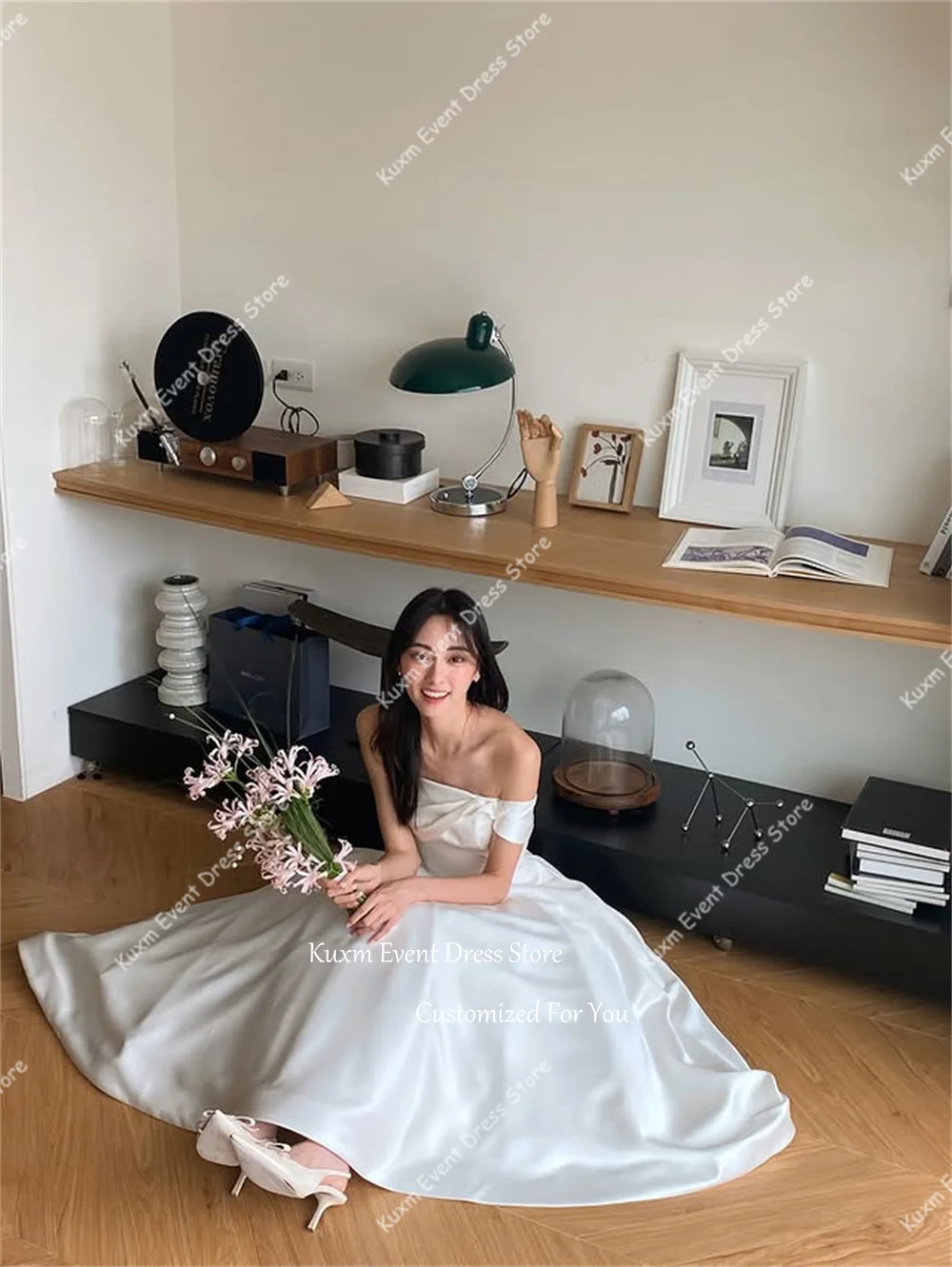 Kuxm White Strapless A Line Korea Wedding Gown One Shoulder Satin Bridal Gown Elegant Photo Shoot Robe De Mariée Customized