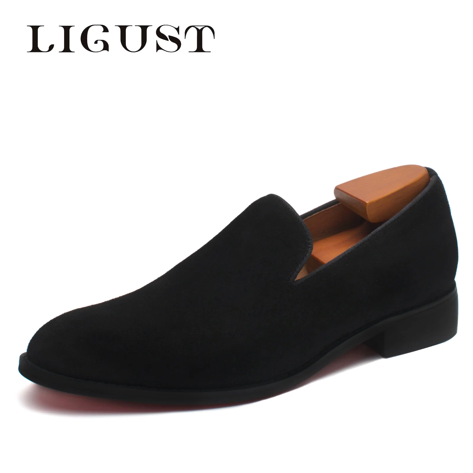 

LIGUST Business Men'S Loafers Shoes Black Suede Casual Office Wedding Man Shoe Genuine Leather Slip On Loafers For Men Plus Size