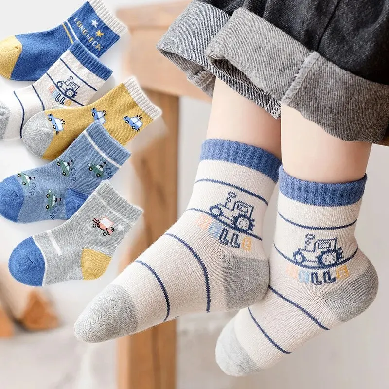 5Pairs/Lot Cartoon Kids Socks Casual Baby Boys Cotton Stripe Spring Autumn Toddler Knitted Children Socks For 1-8Years