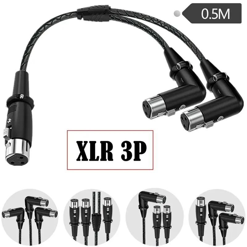 50cm 90  Bend, 1/2 Y-shaped Pure Copper Metal Shell, XLR 3Pin 1 Female to 2 Female Microphone, Mixing Console Microphone Cable