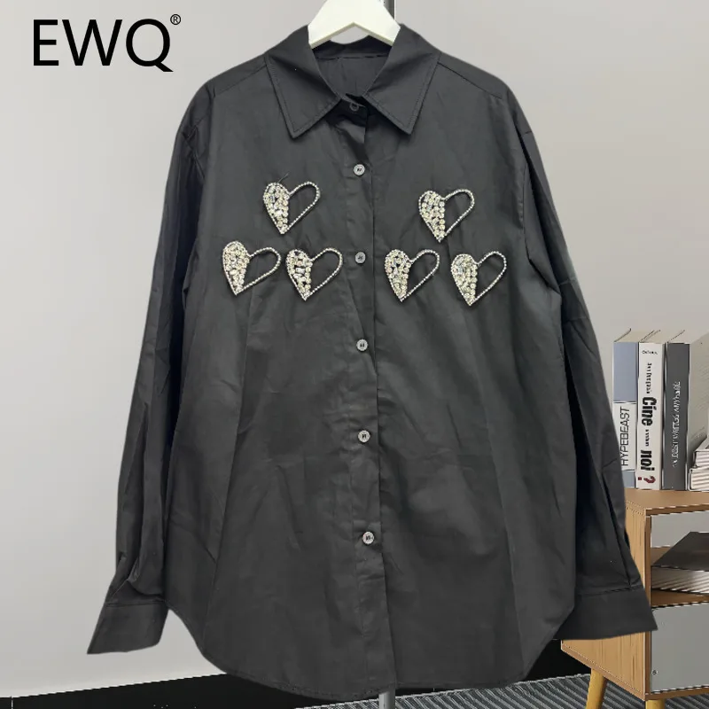 EWQ Sweet Style 3D Hot Stamping Diamond Heart Dsign Shirt Long Sleeve Single Breasted Solid Color Blouse 2025 Spring Tide 272453