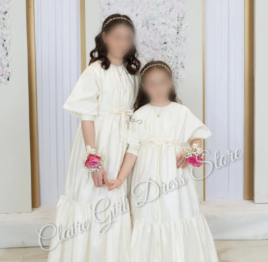 فستان فتاة الزهور العاجي المخصص لحفلات الزفاف منتفخ عالي الخصر 3/4 الأكمام للأطفال وصيفة العروس وحفلات أعياد الميلاد أول مناولة #2