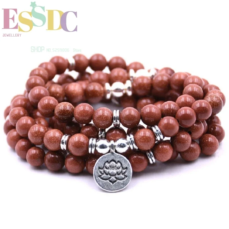 

8mm Natural Gold Sand 108 Mala Beads Bracelet or Necklace High Quality Energy Stone For Female Or Male Yoga Mediation Jewelry