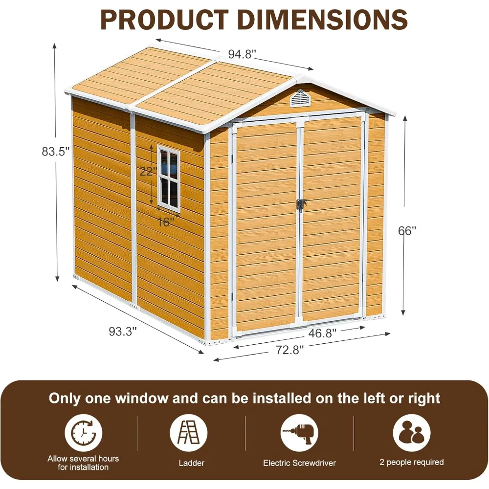 8x6 FT Outdoor Storage Shed with Floor & Lockable Door & Window & Vents, All Weather Use, Plastic Waterproof Resin Tool Shed