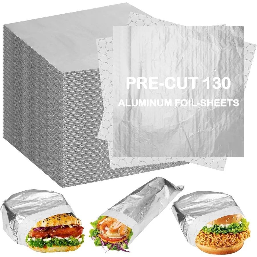 130 عبوة من ورق تغليف الساندويتش العازل من رقائق الألومنيوم مقاس 12 × 12 ورق رقائق مسبق القطع لتخزين المواد الغذائية والنقل المثالي