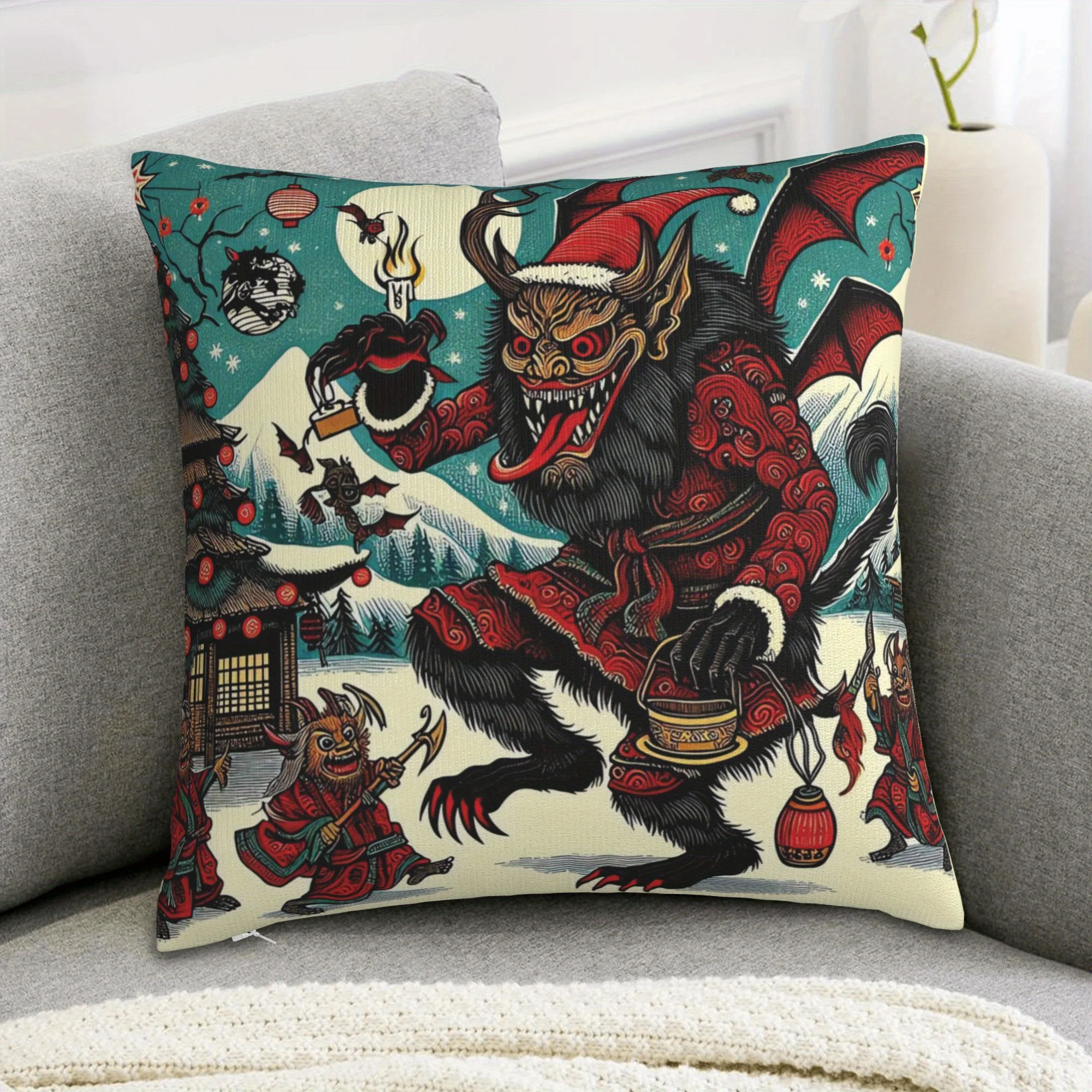 Vintage Krampus Japanese Woodcut Pillow Cover – Single-Sided Print, Zippered, Polyester, Machine Washable